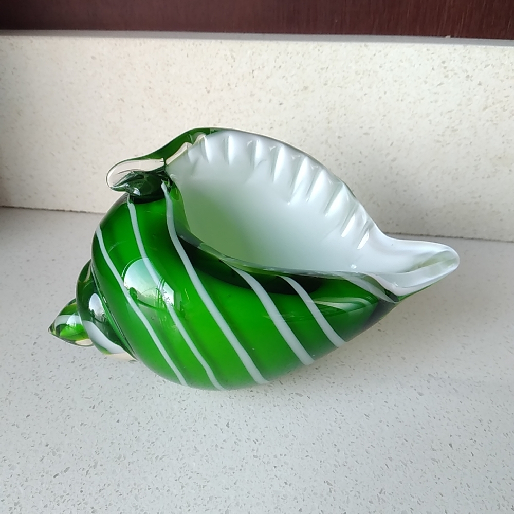 Artisan Green and White Glass Conch Shell Sculpture